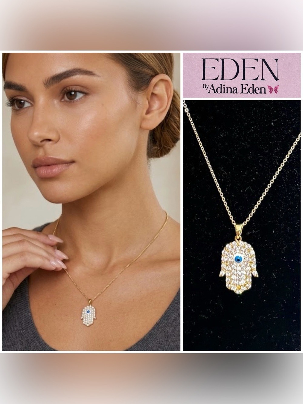 Adina Eden Gold plated  Hamsa Hand Necklace with Blue Evil Eye and CZ stones